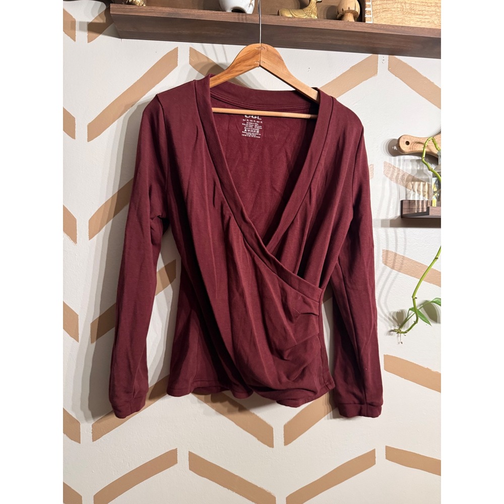 OGL Wrap Top Women XL Maroon Thick Fleece Lined Long Sleeve Surplice V-Neck